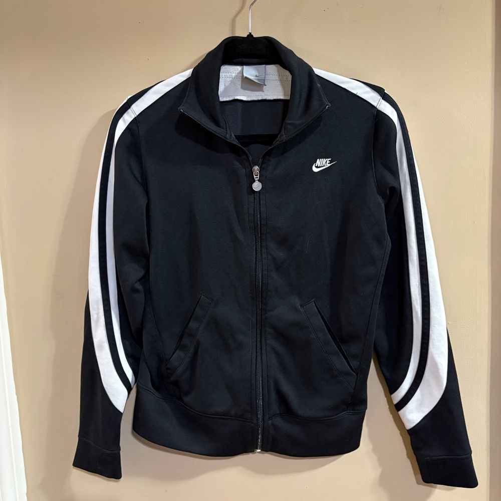 Nike Black Zip-Up Track Jacket with Striped Sleeves Medium (8-10)